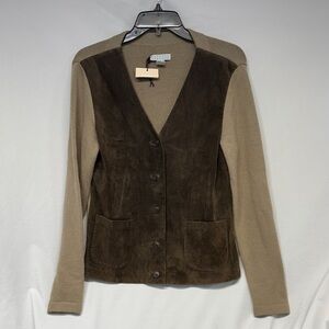 Barneys New York 100% lambswool and suede button up long sleeve sweater cardigan
